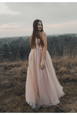 A-Line Tulle V-Neck Long Prom Dresses Formal Evening Gowns 6011018