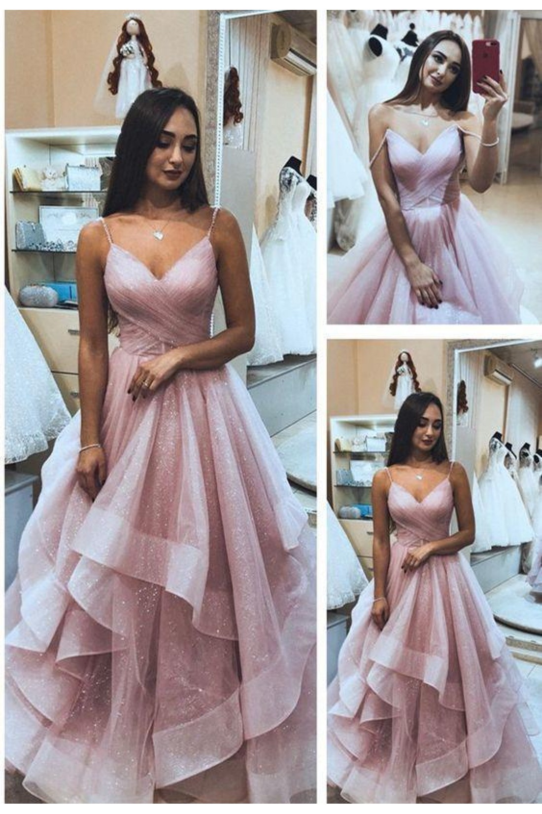 Chic A-Line V Neck Backless Dark Green Tulle Prom Dress with Sequins Evening Dresses main image 1