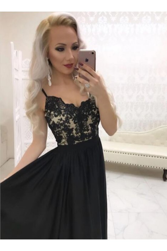 A-Line Spaghetti Straps Lace Long Black Prom Dresses Formal Evening Gowns 6011040