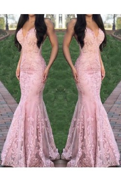 Mermaid Lace V-Neck Long Prom Dresses Formal Evening Gowns 6011074