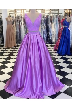 A-Line Lace Satin Two Pieces Long Prom Dresses Formal Evening Gowns 6011078