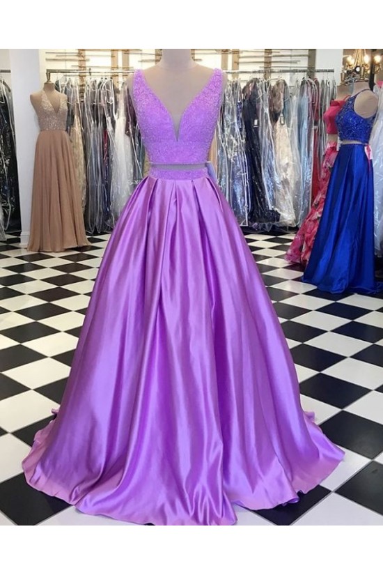 A-Line Lace Satin Two Pieces Long Prom Dresses Formal Evening Gowns 6011078 A-Line Lace Satin Two Pieces Long Prom Dresses Formal Evening Gowns 6011078
