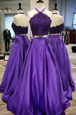 A-Line Beaded Lace Satin Two Pieces Long Prom Dresses Formal Evening Gowns 6011079
