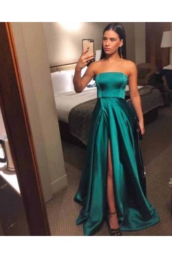 A-Line Strapless Long Satin Prom Dresses Formal Evening Gowns 6011117