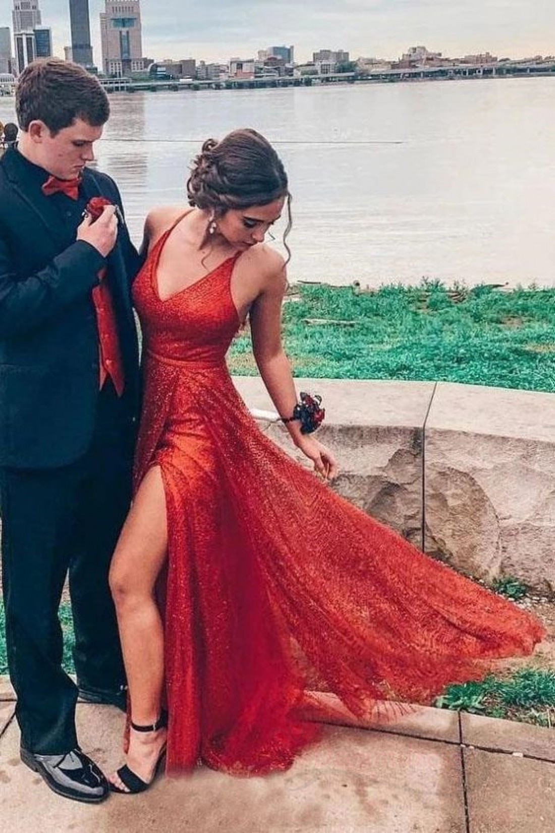 Elegant V-neck A-line Long Prom Dress Ideas, Evening Party Dresses,WGP1797