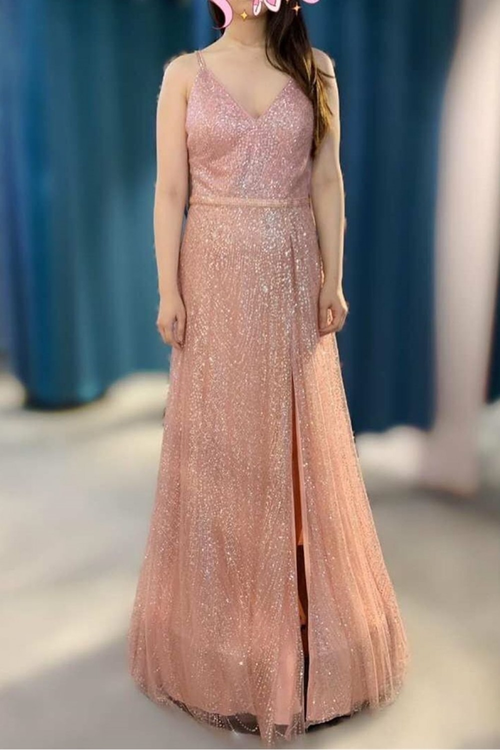 A-line V Neck Shiny Long Prom Dress  S20013 main image 1
