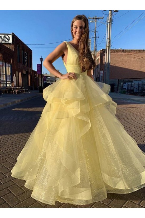 Long Yellow Tulle V-Neck Prom Dresses Formal Evening Gowns 6011189 Long Yellow Tulle V-Neck Prom Dresses Formal Evening Gowns 6011189