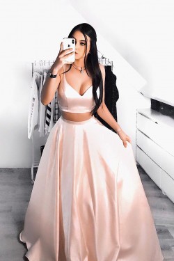 A-Line V-Neck Two Pieces Long Prom Dresses Formal Evening Gowns 6011202