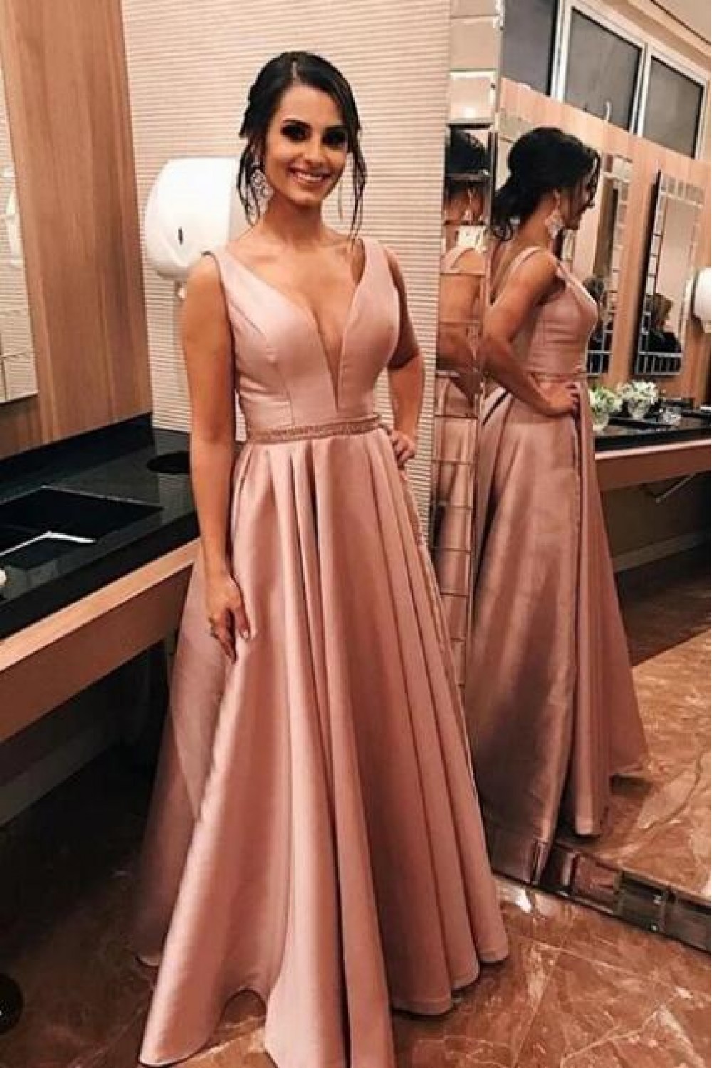 Graduation dress A Line Prom Dresses V Neck Formal Wedding Evening Party Dresses For Graduation main image 1