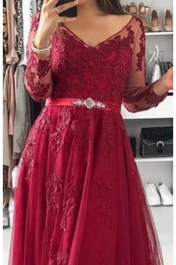 A-Line Long Sleeves Beaded Lace Long Prom Dresses Formal Evening Gowns 6011238