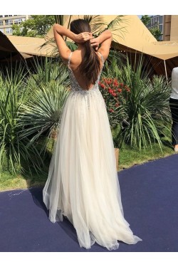A-Line Beaded Tulle V-Neck Long Prom Dresses Formal Evening Gowns 6011248