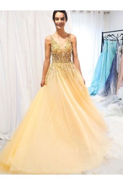 A-Line Beaded Tulle Long Prom Dresses Formal Evening Gowns 6011250
