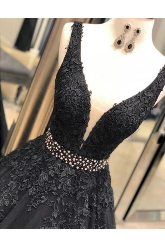 A-Line Beaded Lace Tulle Long Prom Dresses Formal Evening Gowns 6011251