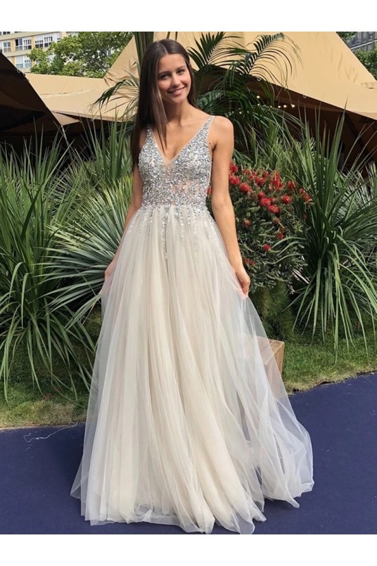 A-Line Beaded Sequins V-Neck Long Prom Dresses Formal Evening Gowns 6011256 A-Line Beaded Sequins V-Neck Long Prom Dresses Formal Evening Gowns 6011256