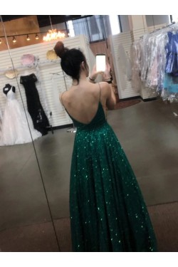 A-Line Sparkle Sequins Long Green Prom Dresses Formal Evening Gowns 6011264