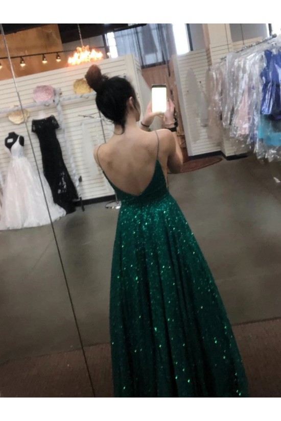 A-Line Sparkle Sequins Long Green Prom Dresses Formal Evening Gowns 6011264