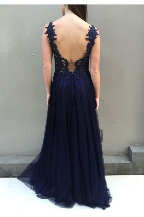 A-Line Lace Navy Blue Long Prom Dresses Formal Evening Gowns 6011278