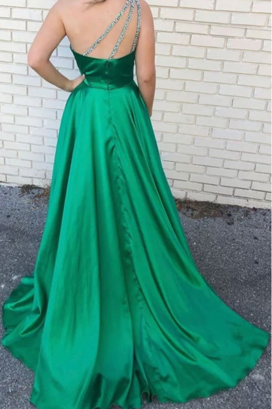 A-Line Beaded One-Shoulder Long Green Prom Dresses Formal Evening Gowns 6011315