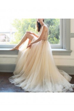 A-Line Beaded Tulle Long Prom Dresses Formal Evening Gowns 6011339