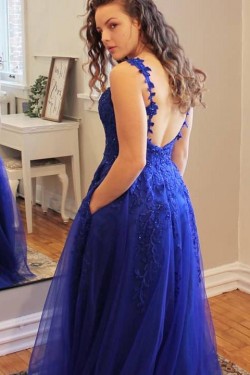 A-Line Lace Appliques Long Prom Dresses Formal Evening Gowns 6011340