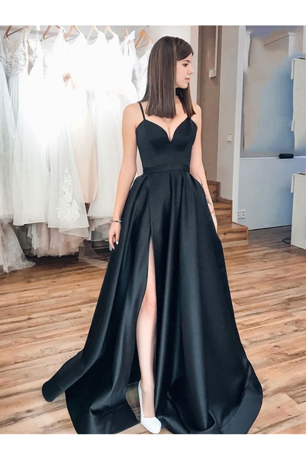 Black Square Neck A-line Long Prom Dress Formal Dress with Short Sleeves