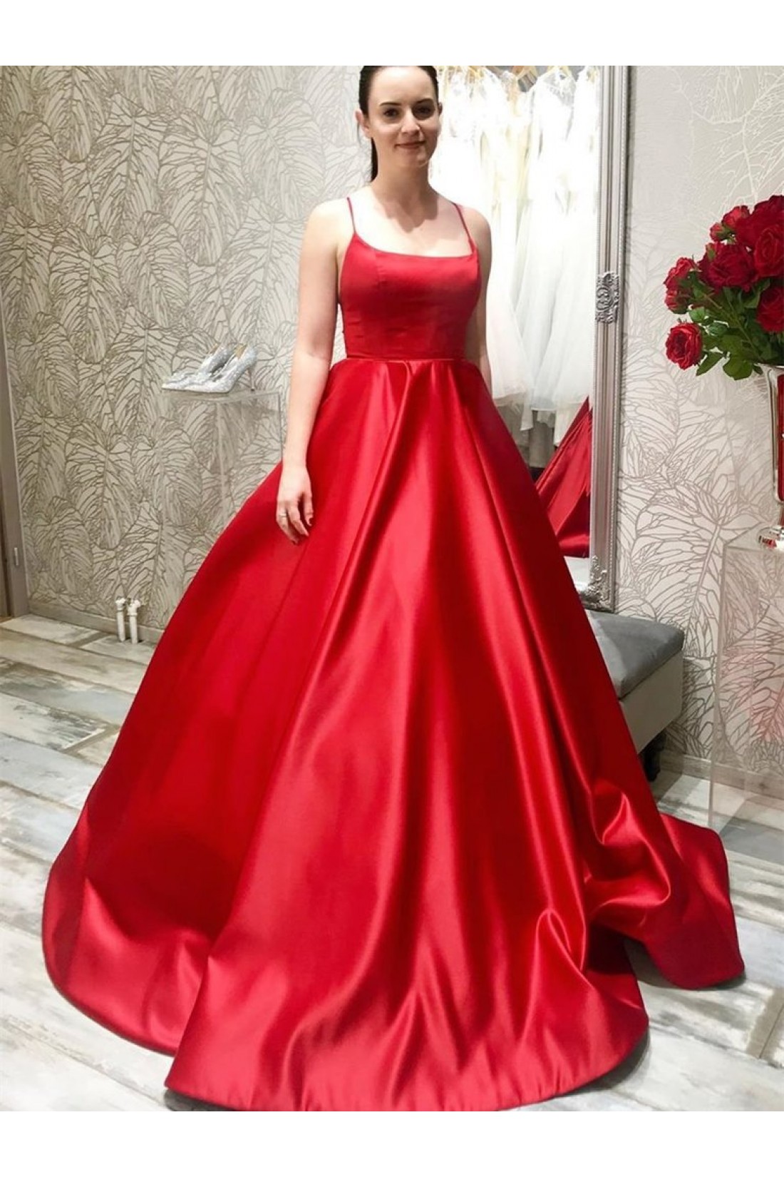Elegant A line Strapless Red Satin Prom Dresses With Black Tulle Long Evening Dress C2889