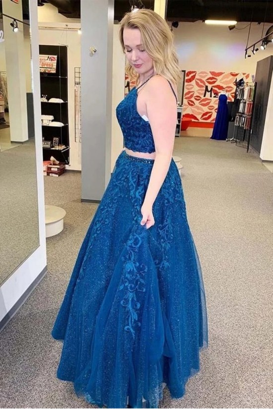 A-Line Lace Sequins Beaded Two Pieces Long Prom Dresses Formal Evening Gowns 6011420