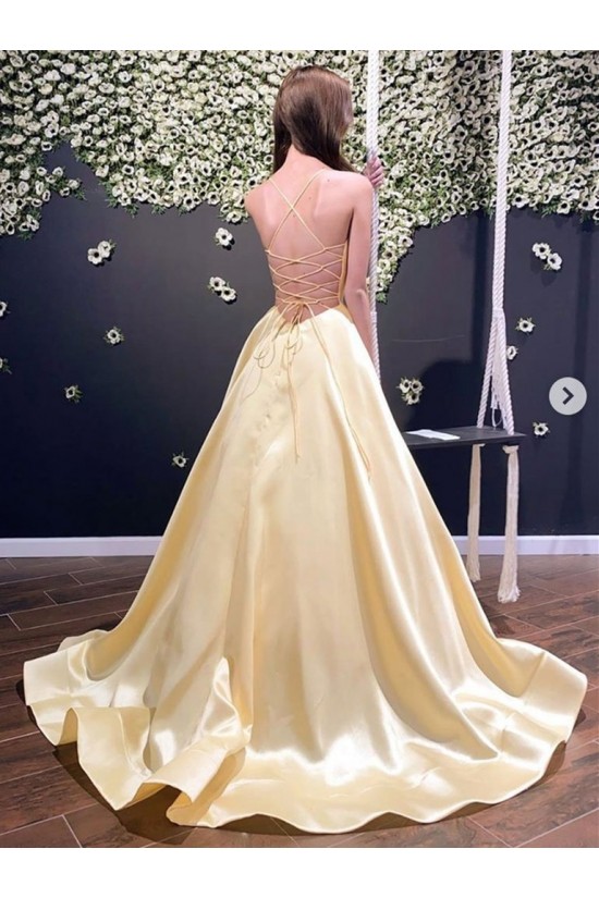 Elegant Light Yellow A-line Tube Top Herringbone Satin Long Prom Dress Evening Dress cc4750
