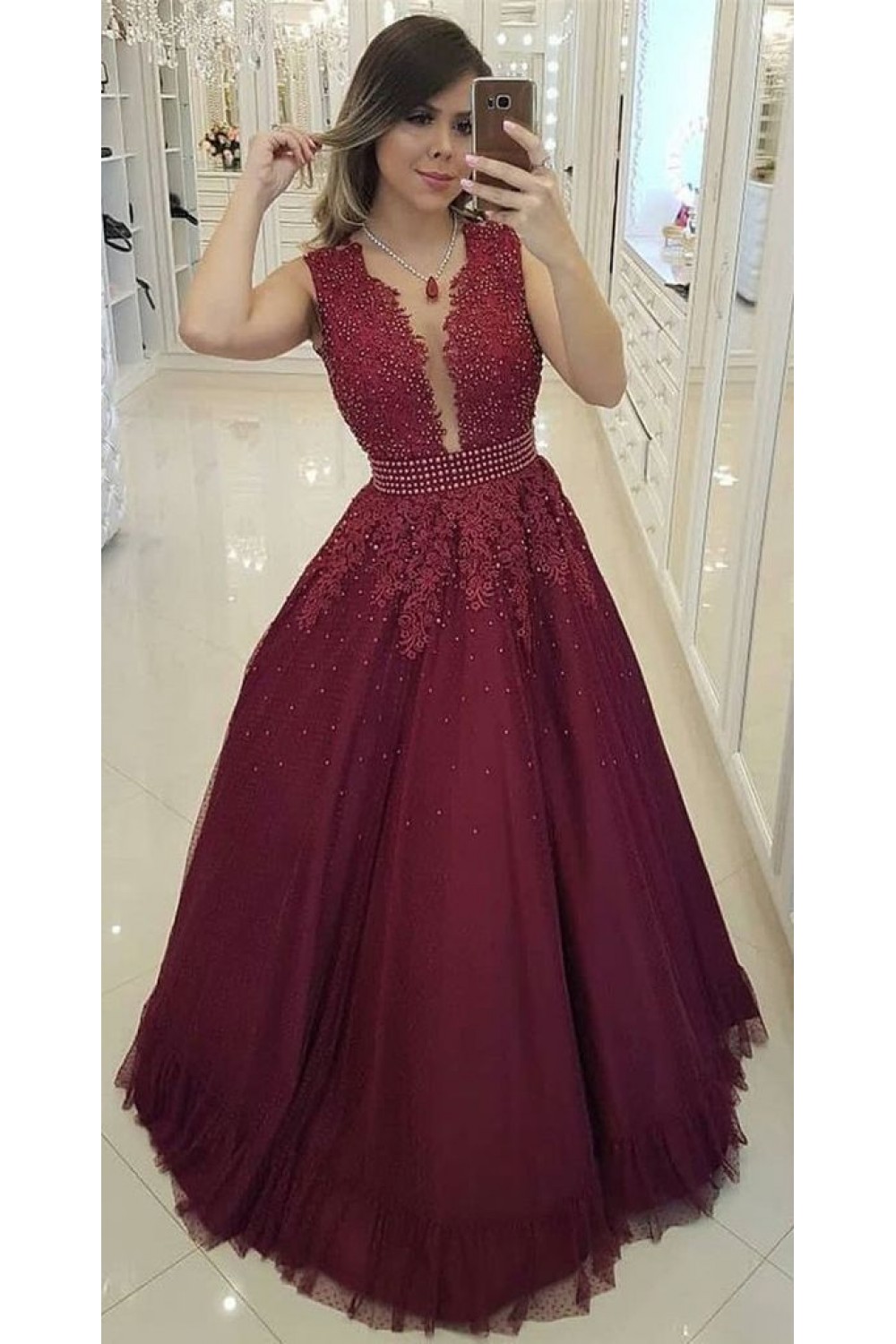 A-Line Beaded Lace Long Prom Dresses Formal Evening Gowns   cg12757 main image 0