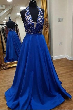 A-Line Halter Lace Long Prom Dresses Formal Evening Gowns 6011465