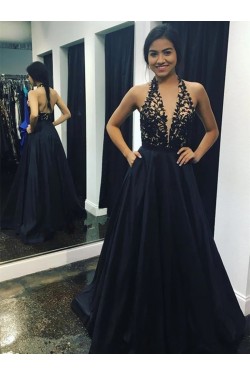A-Line Halter Lace Long Prom Dresses Formal Evening Gowns 6011465