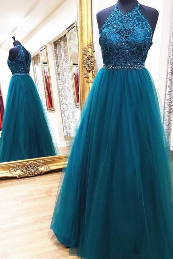 A-Line Beaded Lace Tulle Long Prom Dresses Formal Evening Gowns 6011544