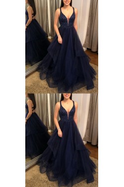 A-Line Navy Blue Long Prom Dresses Formal Evening Gowns 6011563