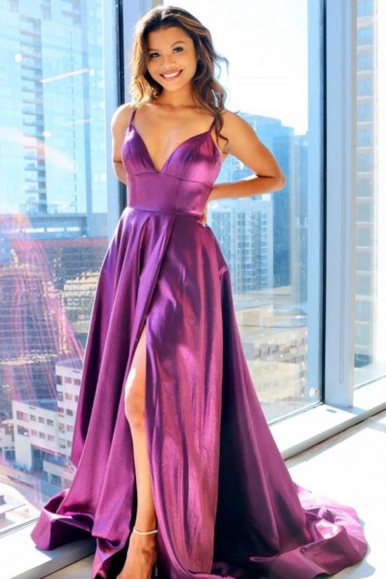 A-Line Long Satin V-Neck Prom Dresses Formal Evening Gowns 6011590 A-Line Long Satin V-Neck Prom Dresses Formal Evening Gowns 6011590