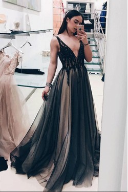 A-Line Lace Tulle Long Prom Dresses Formal Evening Gowns 6011649