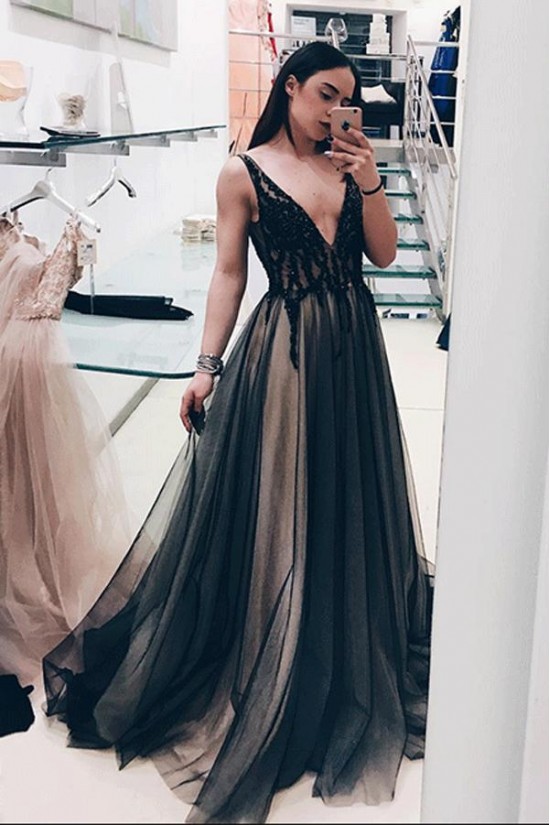 A-Line Lace Tulle Long Prom Dresses Formal Evening Gowns 6011649