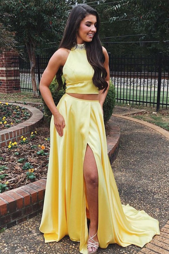 A-Line Beaded Two Pieces Long Yellow Prom Dresses Formal Evening Gowns 6011651