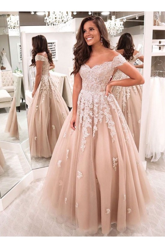 A-Line Off-the-Shoulder Lace Long Prom Dresses Formal Evening Gowns 601817