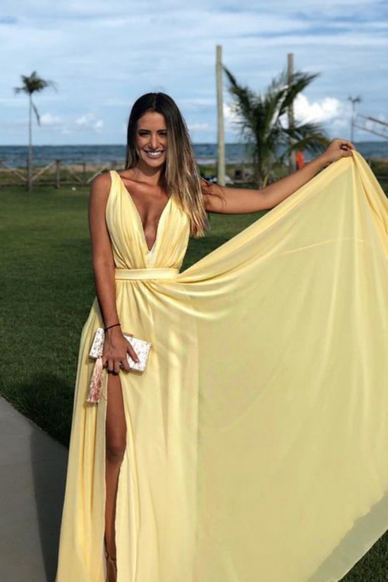 A-Line V-Neck Long Prom Dresses Formal Evening Gowns with Side Slit 601823 A-Line V-Neck Long Prom Dresses Formal Evening Gowns with Side Slit 601823