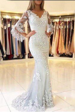 Elegant Mermaid Lace V-Neck Long Prom Formal Evening Gowns Mother of The Bride Dresses 601824