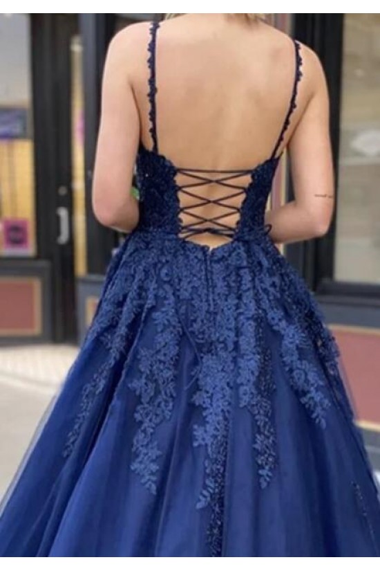 Elegant Spaghetti Strap Sleeveless A-line Lace Long Prom Dresses Online, OL473 main image 0