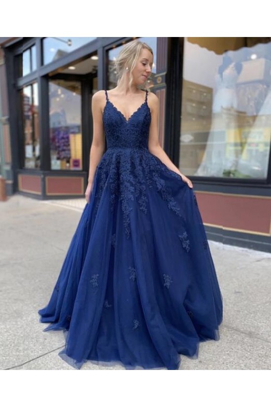 Pretty A Line Spaghetti Straps Satin Lace Long Prom Dresses Formal Dress