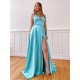 A-Line Spaghetti Straps V-Neck Long Prom Dresses Formal Evening Gowns with Pockets 601850