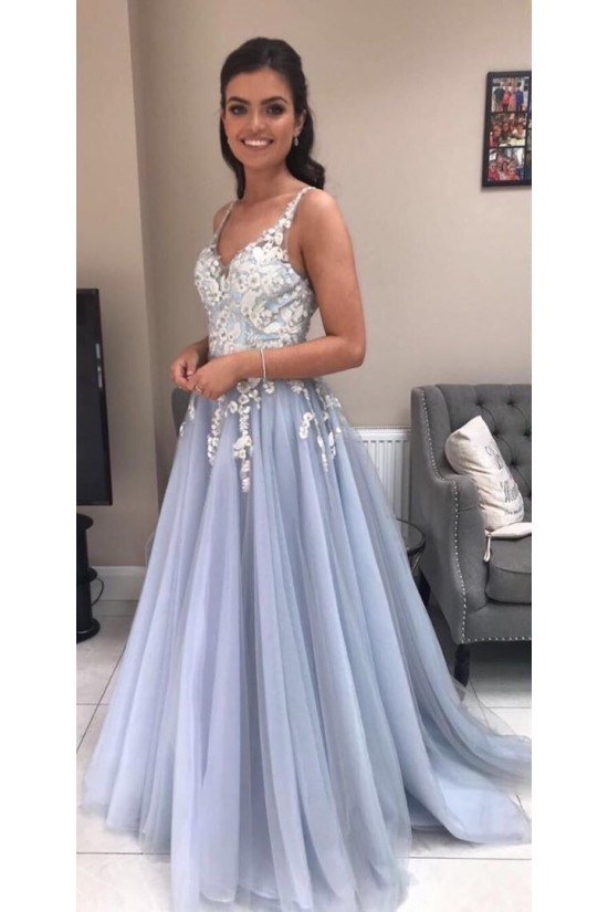 Elegant A-Line Tulle Long Prom Dresses Formal Evening Gowns 601872