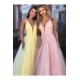 A-Line Tulle V-Neck Long Prom Dresses Formal Evening Gowns 601890