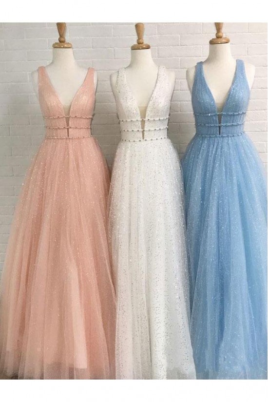 A-Line Tulle V-Neck Long Prom Dresses Formal Evening Gowns 601890