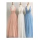 A-Line Tulle V-Neck Long Prom Dresses Formal Evening Gowns 601890