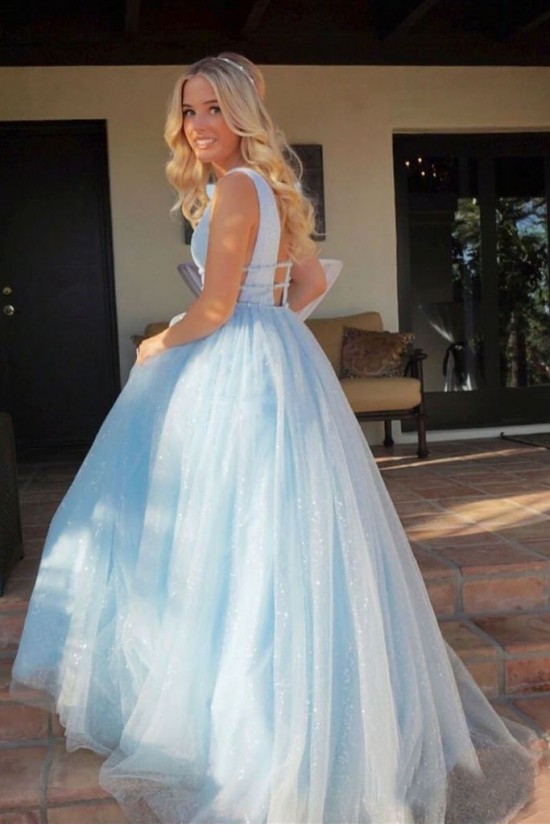 A-Line Tulle V-Neck Long Prom Dresses Formal Evening Gowns 601890