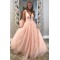 A-Line Tulle V-Neck Long Prom Dresses Formal Evening Gowns 601890