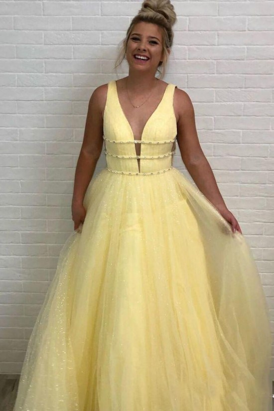 A-Line Tulle V-Neck Long Prom Dresses Formal Evening Gowns 601890